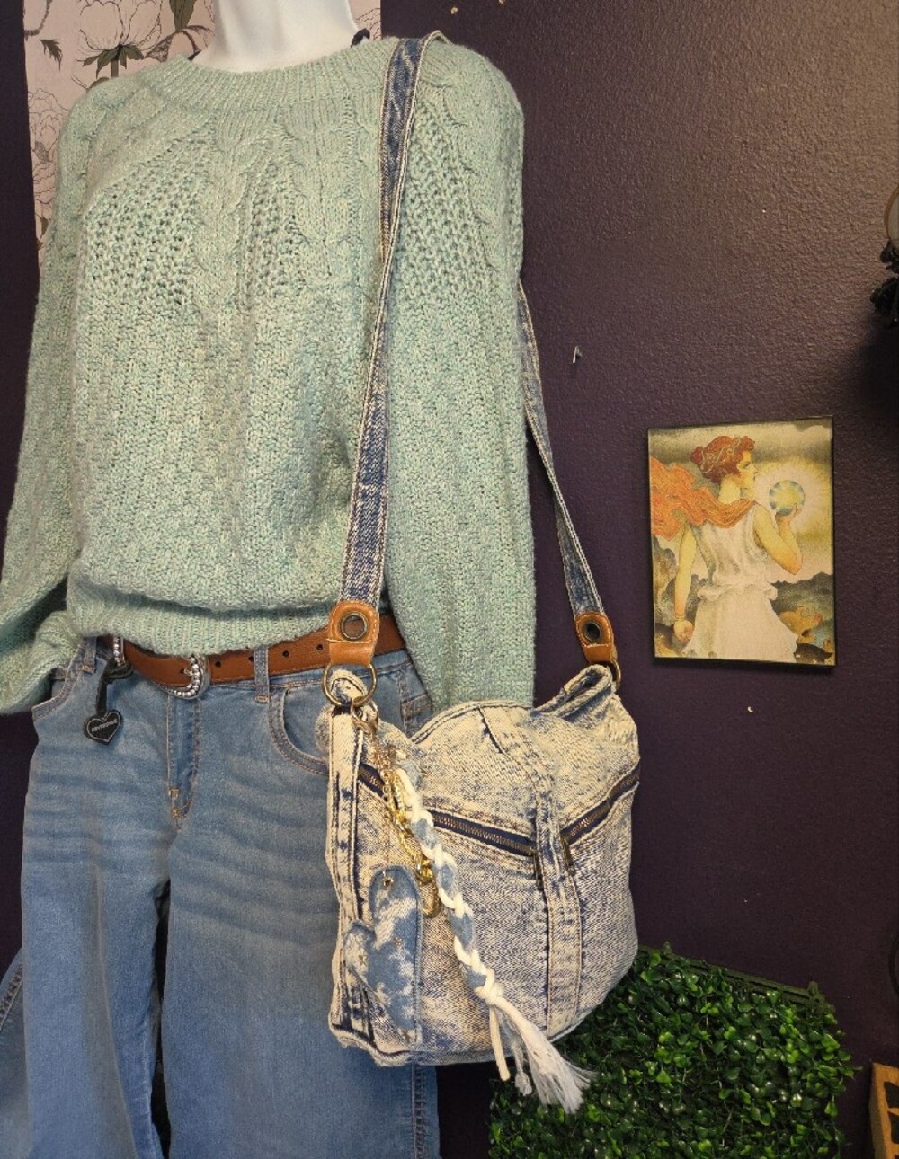 Handmade Acid Washed Denim Crossbody Bag With Doubble Front Pockets